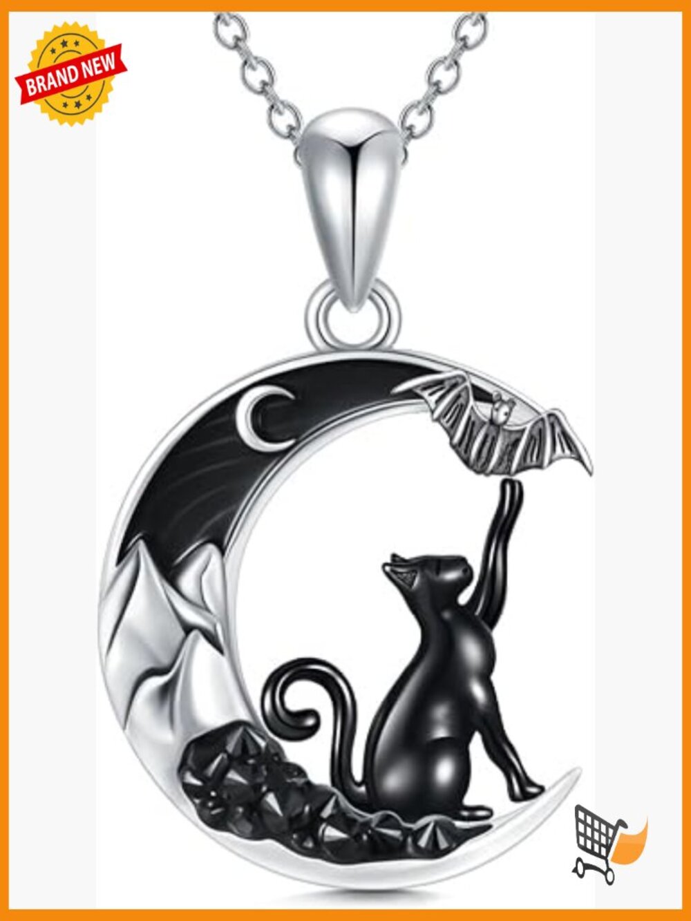 Sterling Silver Gothic Cat Bat Pendant Necklace